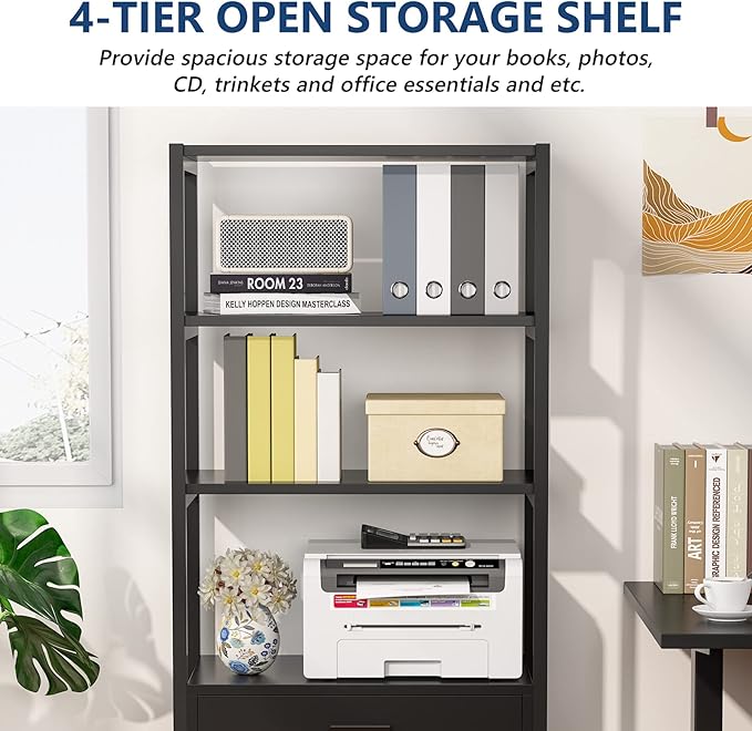 Tribesigns Bookcase Bookshelf, 4-Tier Modern File Cabinet with 2 Drawers, Lateral Filing Cabinet accommodate Legal/Letter / A4 Size for Home Office Organizer