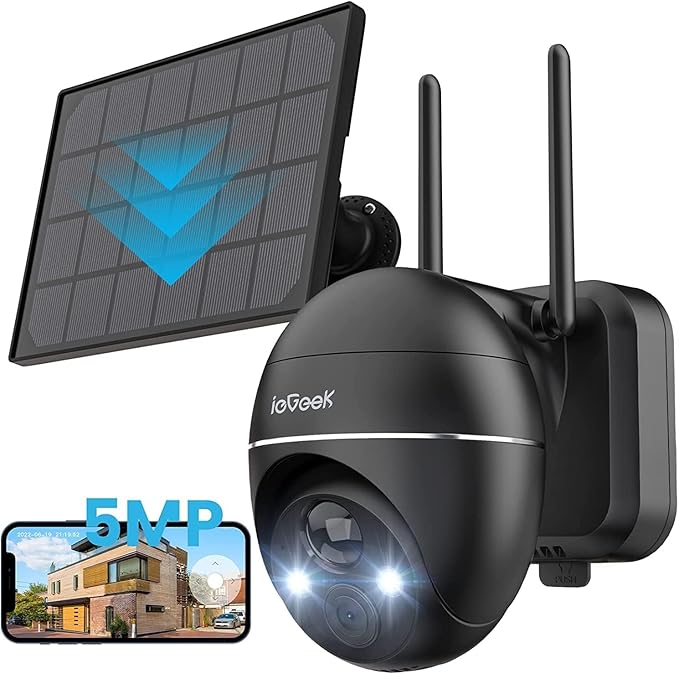 ieGeek 5MP Security Cameras Wireless Outdoor, Solar Outdoor Security Cameras System 360° PTZ with Spotlight & Siren, 2.4Ghz Outdoor Cameras for Home Security,Color Night Vision, Compatible with Alexa
