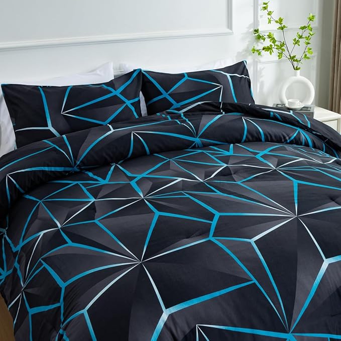 NTBED 3D Geometric Comforter Set for Boys Kids, Irregular Diamond Pattern Lightweight Microfiber Bedding Sets All Season (Blue,Full)