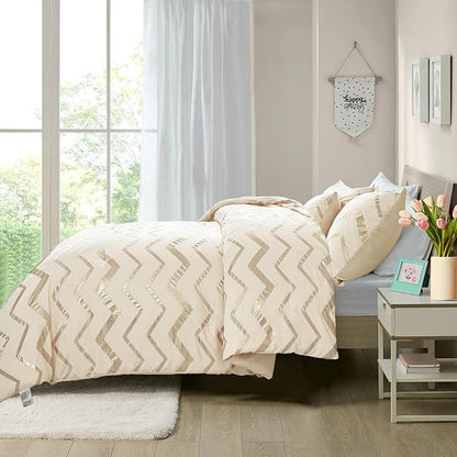 Cream Comforter Set Queen Size Metallic Gold Bedding Set All Season Lightweight Microfiber Comforter for Girls, 4 Piece (2 Pillow Shams + 1 Decorative Pillow Sham)