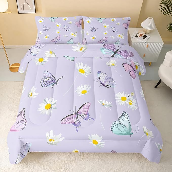 Butterfly Comforter Set for Kids Teens Girls Women,Daisy Kids Comforter,1 Comforter with 2 Pillowcase, Microfiber 3 Piece Bedding Set,for All Seasons(Purple，Twin Size)