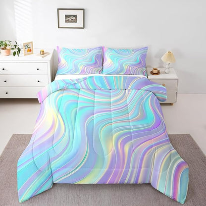 Pastel Rainbow Comforter Set with Pillowcases Abstract Wave Stripes 3D Printed Designs 3 Piece Bedroom Duvet Set Psychedelic Girl Bed Down Comforter for Kids Women Dorm Room (Full,Coulourful Marble)