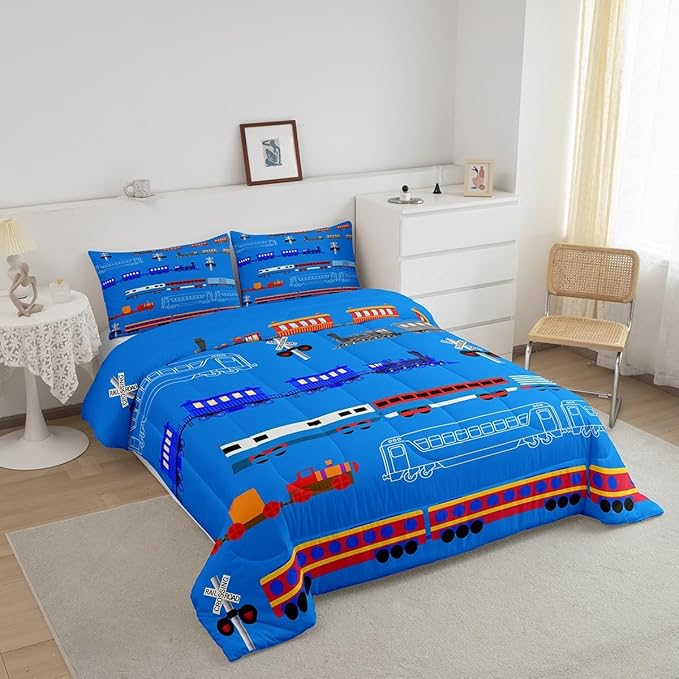 Erosebridal Train King Comforter Set for Boys,Cartoon Car Bedding Set for Kids Boys Girls Toddler,Vintage Car Down Comforter,Retro Steam Railway Rail Traffic Light Duvet Set Bedroom Decor,Blue 3Pcs