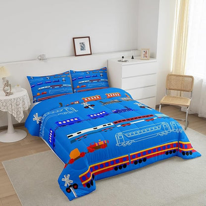 Erosebridal Train Queen Comforter Set for Boys,Cartoon Car Bedding Set for Kids Boys Girls Toddler,Vintage Car Down Comforter,Retro Steam Railway Rail Traffic Light Duvet Set Bedroom Decor,Blue 3Pcs
