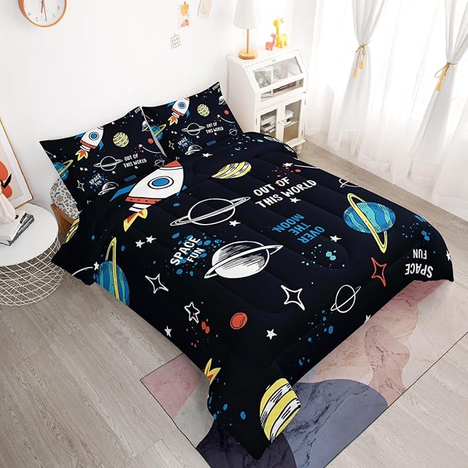 Space Comforter Set Twin 5PCS,Kids Bedding Set for Boys Twin,Rocket Bedding Twin Size.Kids Comforter Set Soft Bedding Sets,Bed in A Bag for Kids