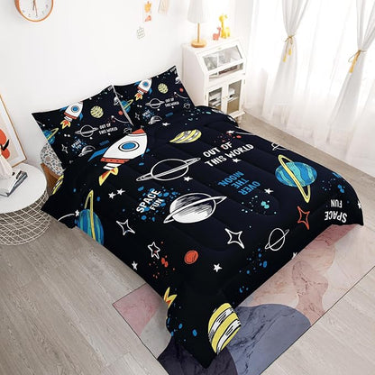 Space Comforter Set Twin 5PCS,Kids Bedding Set for Boys Twin,Rocket Bedding Twin Size.Kids Comforter Set Soft Bedding Sets,Bed in A Bag for Kids