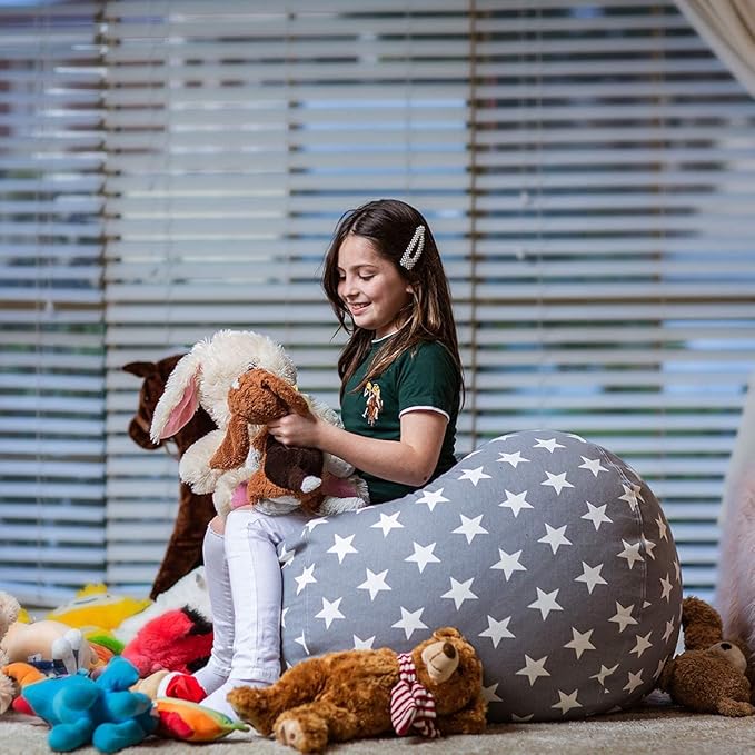 Wekapo Stuffed Animal Storage Bean Bag Chair Cover for Kids | Stuffable Zipper Beanbag for Organizing Children Plush Toys Large Premium Cotton Canvas (Grey Star, XX-Large)