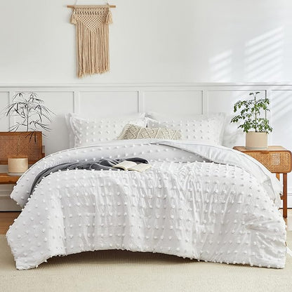 7 Pieces Tufted Dots Bed in a Bag Queen Comforter Set with Sheets White , Soft and Embroidery Shabby Chic Boho Comforters, Solid Color with Pom Pom Design, Jacquard Tufts Bedding Set for All Season