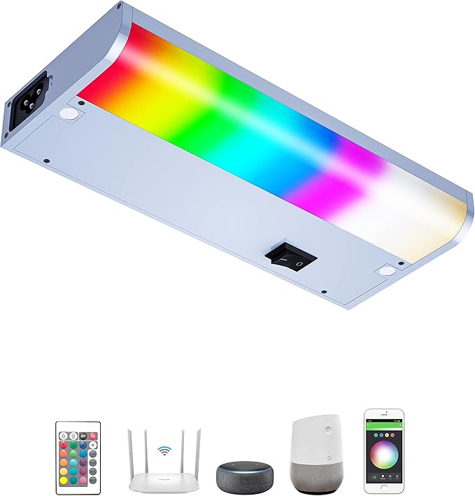 LED Smart Under Cabinet Lights Hardwired or Plug in White and Color Ambiance Dimmable with Remote Control Work with Amazon Alexa, Google App Controlled Under Counter Lighting (12 Inch)