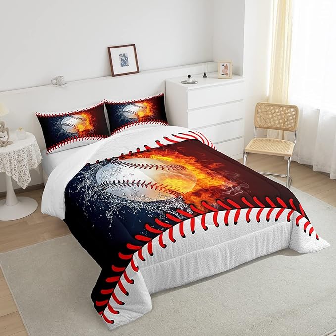 Erosebridal Baseball Comforter Set Kids Baseball Queen Bedding Set for Teen Boys Sports Games Bedding Comforter Sets Red Blue Water Fire Quilted Duvet Sport Theme Bedroom Dorm Decor 2 Pillowcases