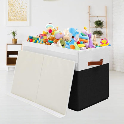 Large Toy Storage Box with Lid, Sturdy Toys Storage Chest Bin Organizer Basket with Dividers for Kids, Boys, Girls, Nursery, Closet, Bedroom, Playroom 25"x13" x16" (Black and White)