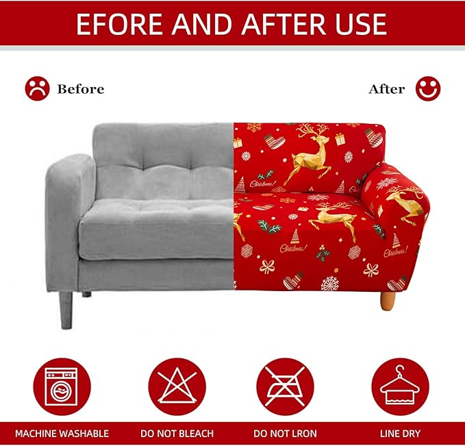 Mybedsoul Christmas Printed Red Sofa Cover Reindeer Printed Elastic Couch Cover Machine Washable Christmas Theme Red Sofa Slipcover for Living Room(2 Seater/Loveseat)