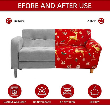 Mybedsoul Christmas Printed Red Sofa Cover Reindeer Printed Elastic Couch Cover Machine Washable Christmas Theme Red Sofa Slipcover for Living Room(2 Seater/Loveseat)