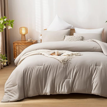 3PCS Boho Full Size Comforter Set Tannish Grey Farmhouse Bed Comforter for Teen Women and Men Reversible Warm Washable Microfiber Comforter for All Season
