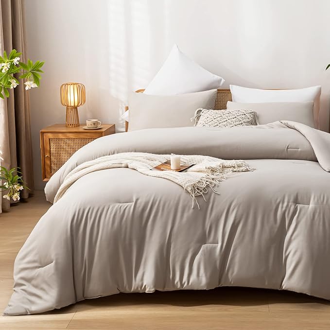 Queen Comforter Solid Color 3PCS Boho Bed Comforter Set Queen Size Tannish Grey Soft Lightweight Down Alternative Microfiber Comforter for All Season (1 Comforter, 2 Pillowcases)
