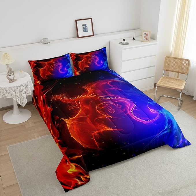 Erosebridal Dragon Comforter Set Nebula Bedding Set Full Size Mysterious Outer Space Quilted Duvet Trippy Duvet Set for Kids Boys Girls Teens Young Man Room Decorative, Blue Red