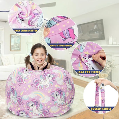 Stuffed Animal Storage Bean Bag Chair Cover, Hold Kids Plush Toys Blankets Towels Beanbag (Cover Only), Canvas Floor Circle Stuff Sit Seat Sofa with YKK Zipper, Extra Large 38", Unicorn