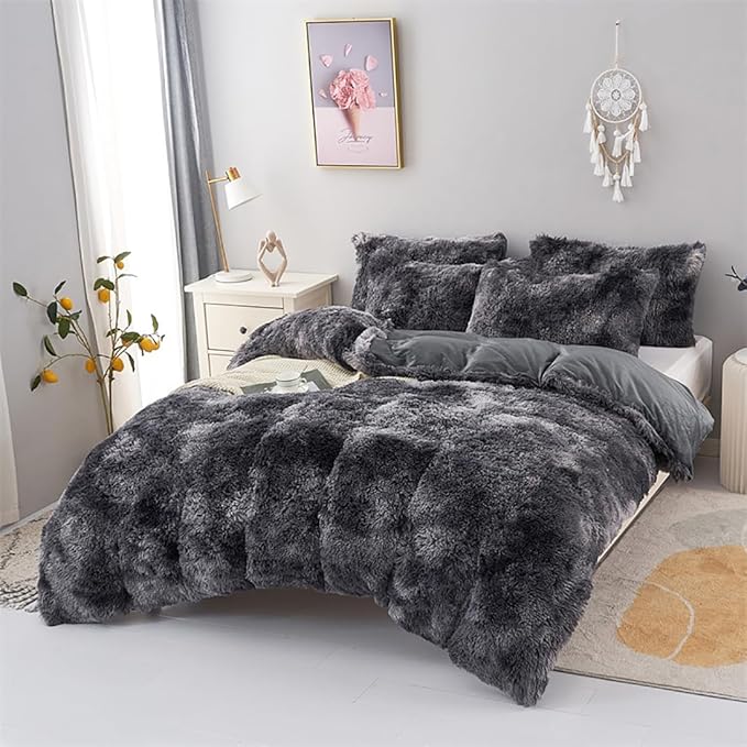 WINLIFE Shaggy Comforter Set Twin Grey for Boys Teens Faux Fur Bedding Sets Flannel Furry Comforter Plush Comforter Sets Gradient Ombre Tie Dye Bed Sets (3Pcs, Twin, Dark Grey)