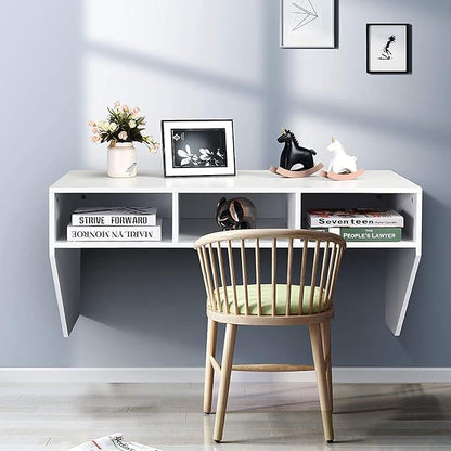 Computer Floating, Home Office Working, 42.5” Laptop Table Writing w/Storage Shelves, Modern Console Media Cabinet Wall Mounted Desk Hutch, White