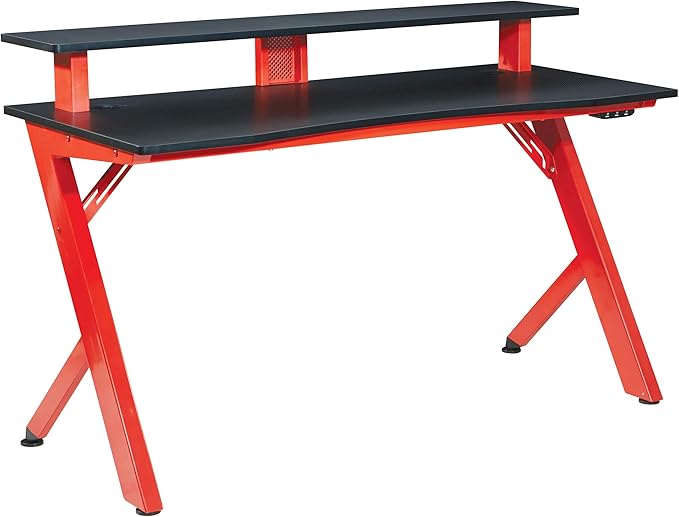 OSP Home Furnishings Area51 Battlestation Gaming Desk with Bluetooth RGB LED Lights, Red