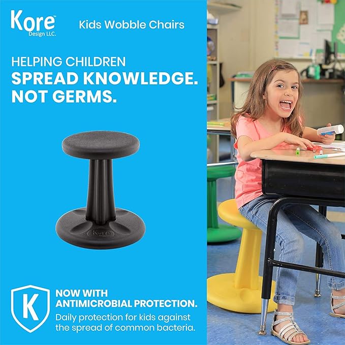 Kore Kids Wobble Chair - Flexible Seating Stool for Classroom & Elementary School, ADD/ADHD - Made in The USA - Age 6-7, Grade 1-2, Black (14in)