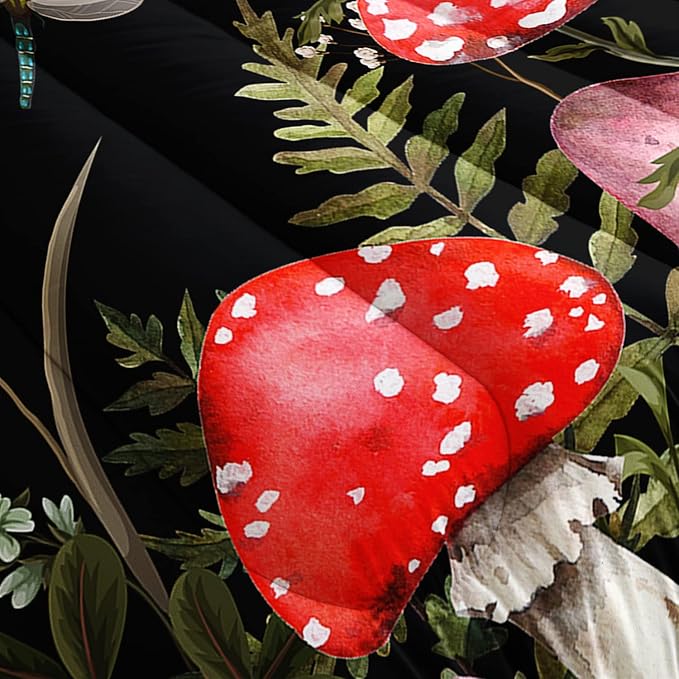 Red Mushroom Kawaii Comforter Set Queen Size Kids Mushroom Dragonfly Bedding Set Botanical Plant Theme Print Quilt Bed Set for Boys Girls Adults with 1 Comforter and 2 Pillowcases