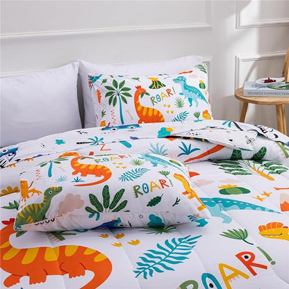 Meeting Story Dinosaur Bedding Set for Boys, Dinosaur Colorful Pattern Style Full Comforter Set, 3 PCS 1 Comforter and 2 Pillowcases in One Bag(Full,White)