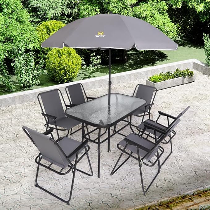 Nice C Outdoor Dining Sets, Patio Furniture Set, 8 Piece Set with Umbrella, Garden Outdoor Furniture Table Set with Tilted Removable Umbrella, Glass Table, and 6 Folding Chairs (Grey)