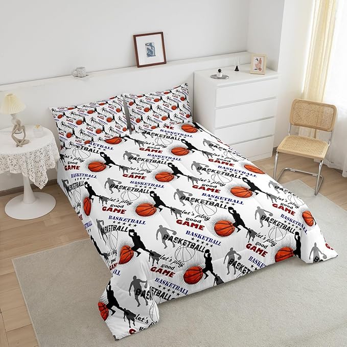 Erosebridal Teen Boys Basketball Bedding Queen Size Basketball Player Quilt Set Kids Girls Sports Bed Comforter Set All Season,Soft Lightweight Duvet Set 1 Basketball Comforter and 2 Pillow Cases