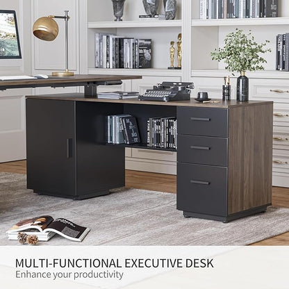 FEZIBO 63" L Shaped Executive Standing Desk with File Cabinet, Electric Height Adjustable, Black Walnut