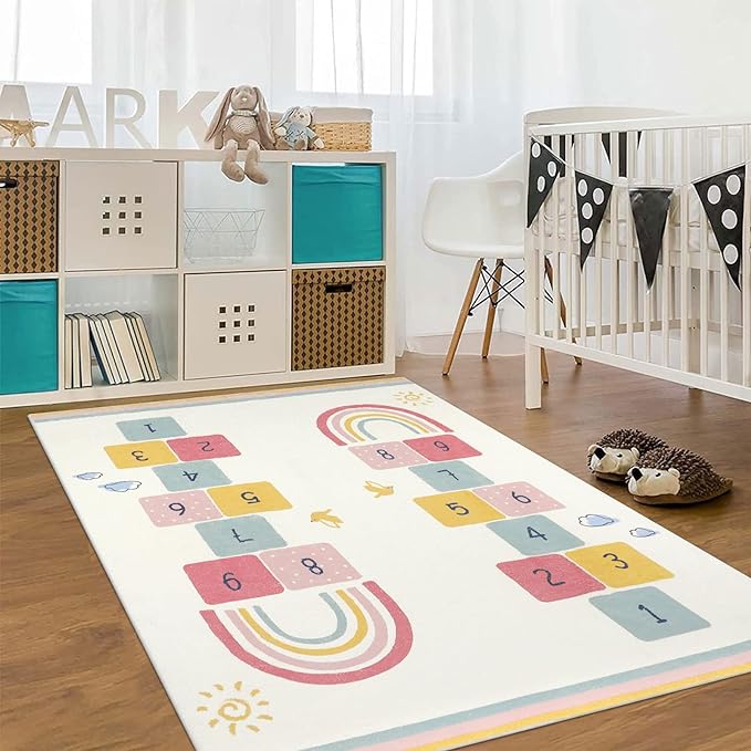Topotdor Rainbow Sky Hopscotch Game Rugs,Kids Play Area Rugs Soft Floor Carpet for Bedroom Playroom Nursery,Great Gift for Girls & Boys,47" x 71"