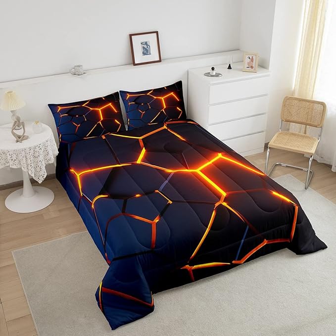 Honeycomb Print Bedding Set Red Black Fire Hexagonal Pattern Comforter Set for Kids Boys Girls Teens Beehive Geometrical Comforter Breathable Simplistic Duvet Set Room Decor Quilt Set Twin Size