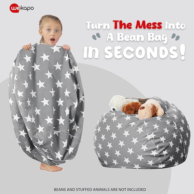 Wekapo Stuffed Animal Storage Bean Bag Chair Cover for Kids | Stuffable Zipper Beanbag for Organizing Children Plush Toys Large Premium Cotton Canvas (Grey star, X-Large)