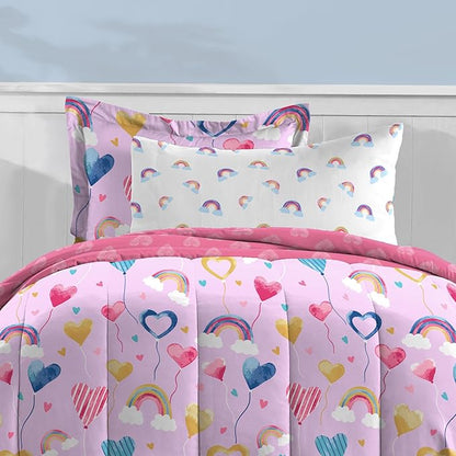 Dream Factory Kids 5-Piece Complete Bed Set Easy-Wash Super Soft Microfiber Comforter Bedding, Twin, Lilac Balloon Hearts