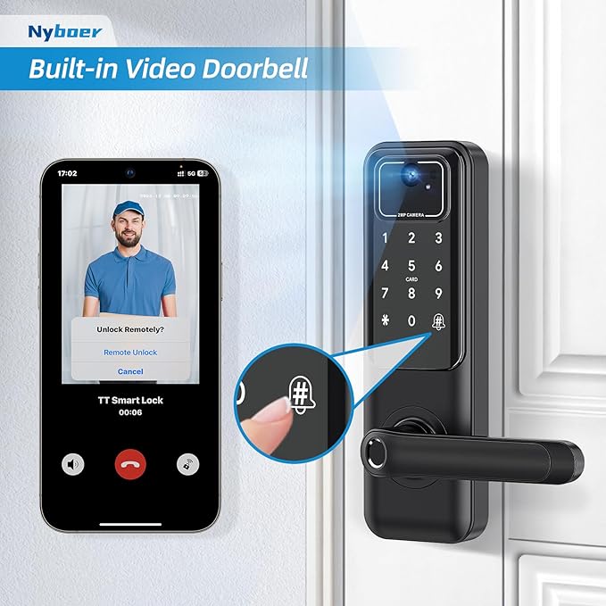 WiFi Video Smart Door Lock: Fingerprint Door Lock with Camera- Keyless Entry Door Lock with Handle - Electronic Digital Door Lock with Keypad - WiFi Smart Lock for Front Door, Black, H3 Pro