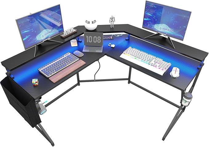 Wonder Comfort L Shaped 51 Inch Computer Desk with LED Lights，Corner Gaming Table Cup Holder Power Outlets/Monitor Stand for Home Office, Black