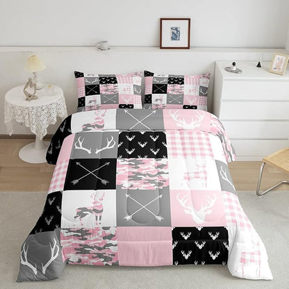 Deer Antlers Comforter Set Queen Size,Camo Western Rustic Farmhouse Xmas Bedding 3pcs for Kids Teens Boys Girls Room Decor,Boho Arrows Geometric Plaids Down Comforter,Pink Duvet Insert,2 Pillowcases