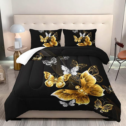 Butterfly Comforter Set for Adults Black and Gold Butterfly Bedding Set Aesthetics Butterflies Quilt Duvet Set Full Size with 1 Comforter and 2 Pillowcases