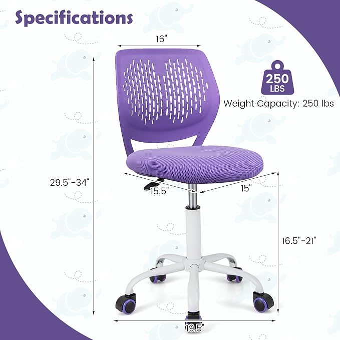 Kids Desk Chair, Purple Ergonomic Kids Office Chair Ages8-12 w/Lumbar Support, Low-Back Teen Desk Chair for Girls Boys, Small Cute Kids Computer Chair for Bedroom/Study/Vanity Desk
