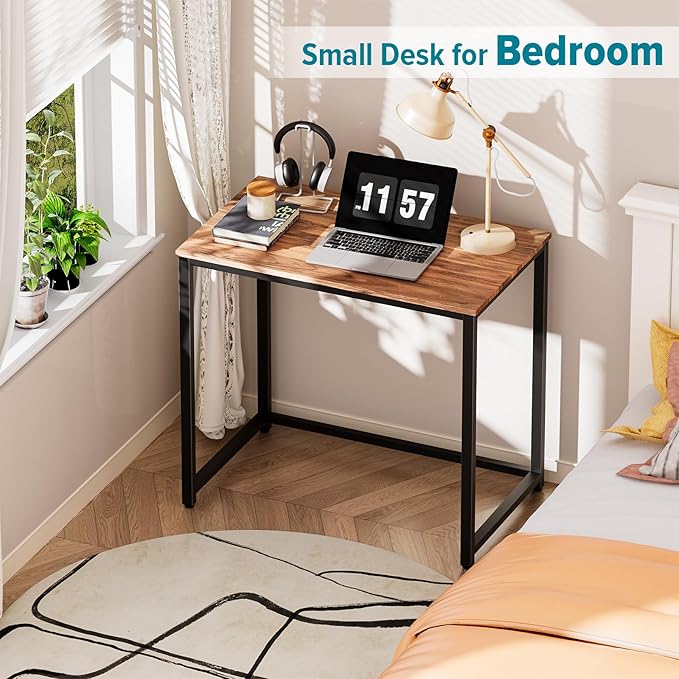SINPAID Small Computer Desk 31.5 inches Desk for Small Spaces Sturdy Home Office Desk Modern Gaming Desk Study Writing Laptop Table, Brown
