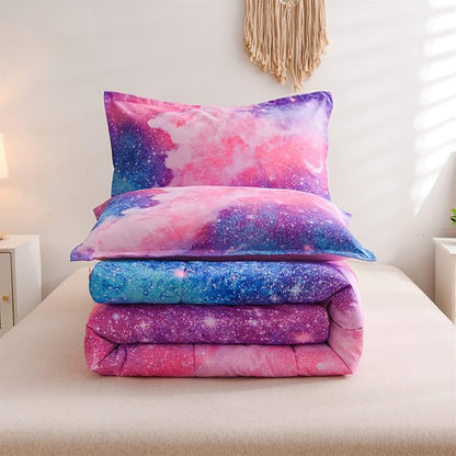 A Nice Night Galaxy Bedding Sets Outer Space Comforter 3D Printed Space Quilt Set Full Size Glitter Pink Color,for Children Boy Girl Teen Kids