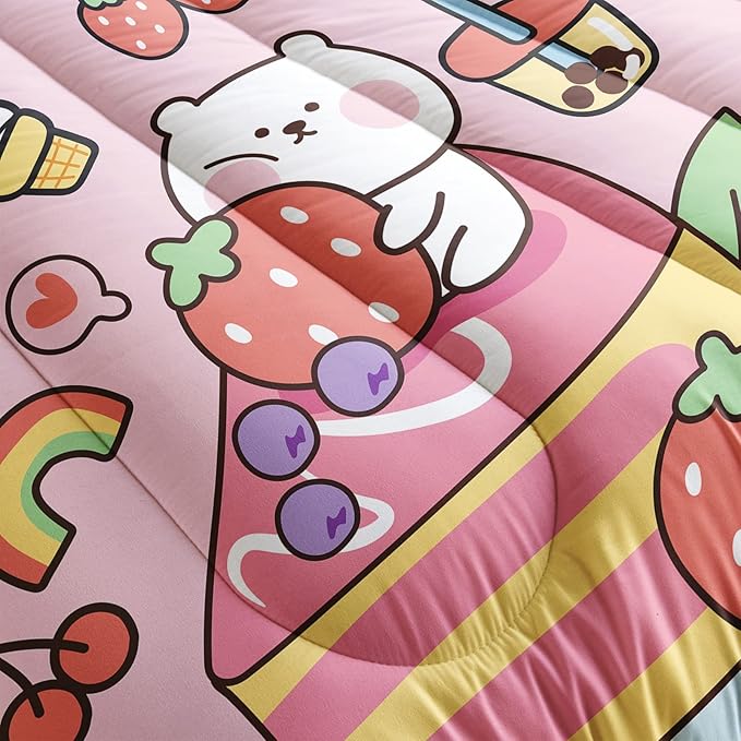 Kawaii Bear Comforter King,Pink Bear Comforter Set for Kids Teens Girls,3Pcs Bedding Set Printed Comforter with 2 Pillowcases,Down Alternative,Soft and Lightweight，King Size