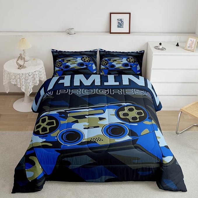 Boys Gaming Comforter Set Twin Size Teens Gamer Bedding Set Retro Blue Camouflage Video Game Controller Comforter For Kids Youth Bedroom Decor Gamer Console Action Buttons Duvet Set Microfiber
