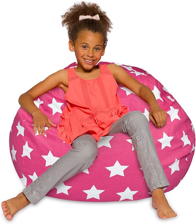 Posh Creations Bean Bag Chair for Kids, Teens, and Adults Includes Removable and Machine Washable Cover, 38in - Large, Canvas White Stars on Pink