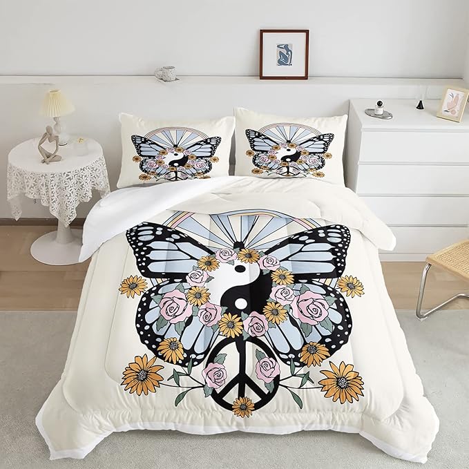 CVHOUSE Butterfly Bedding Set,Butterfly Comforter Queen,Butterfly Comforter Set for Girls Kids Teens,Butterflies Quilt Set with 1 Comforter and 2 Pillow Cases- 3 Piece