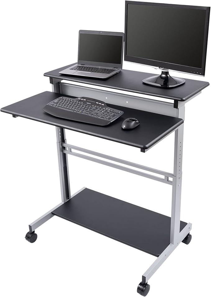 Stand Up Desk Store Rolling Adjustable Height Two Tier Standing Desk Computer Workstation (Silver Frame/Black Top, 40" Wide)