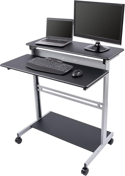 Stand Up Desk Store Rolling Adjustable Height Two Tier Standing Desk Computer Workstation (Silver Frame/Black Top, 40" Wide)