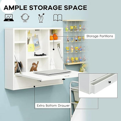 2 in 1 Foldable Tabletop, Folding Wall Mount Laptop Storage Compartments Space Saving Floating Desk, Small, White