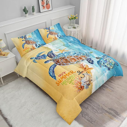 Datura home Beach Turtle Comforter Set Beach and Sea Turtle Printed Quilt Bedding Set with 1 Comforter and 2 Pillowcases for Boys and Girls Bedroom All Season(Beach Turtle Twin)