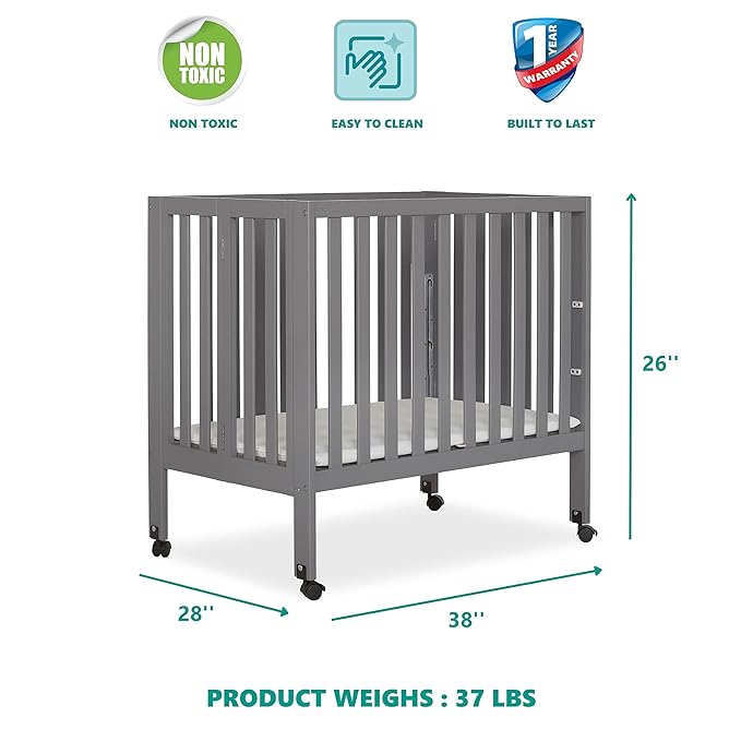 Jett Non-Full Size Folding Convertible Crib, Lightweight Portable Crib, Three Adjustable Mattress Height Settings, Easy to Fold Travel Crib, 1.5” Mattress Pad Included